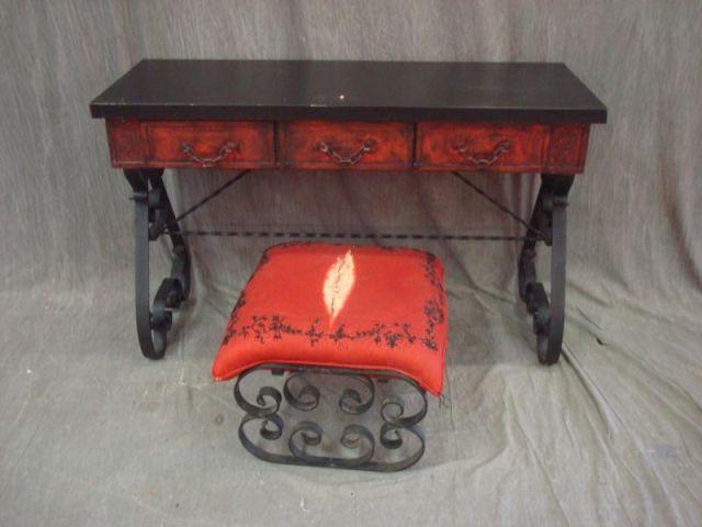 Wrought Iron & Red Painted Desk &