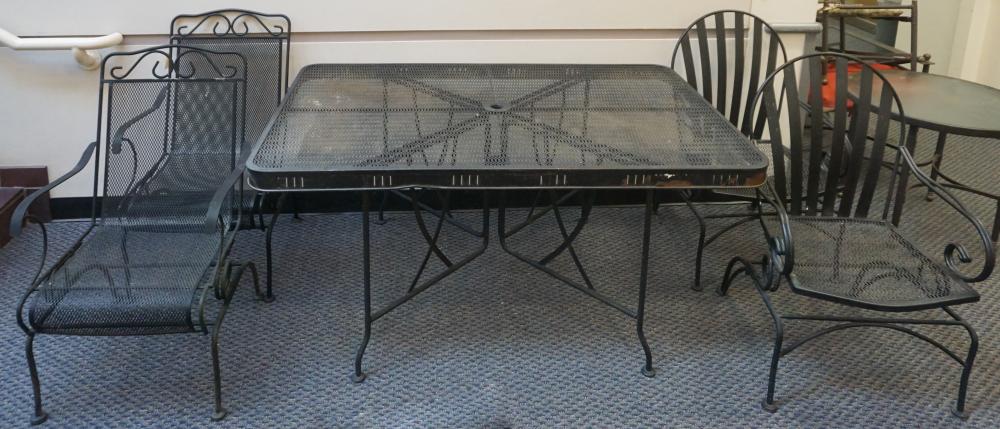 WROUGHT IRON TABLE AND TWO PAIRS