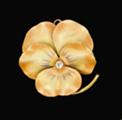 Yellow gold and orange enamel pansy