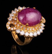 YELLOW GOLD, CABOCHON RUBY AND