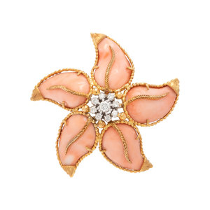 YELLOW GOLD, CORAL AND DIAMOND