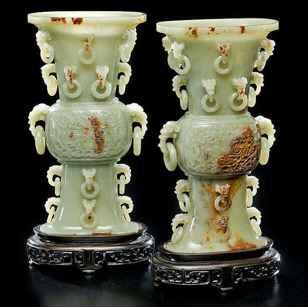 Yellow Jade Gu-Form Chinese Vases