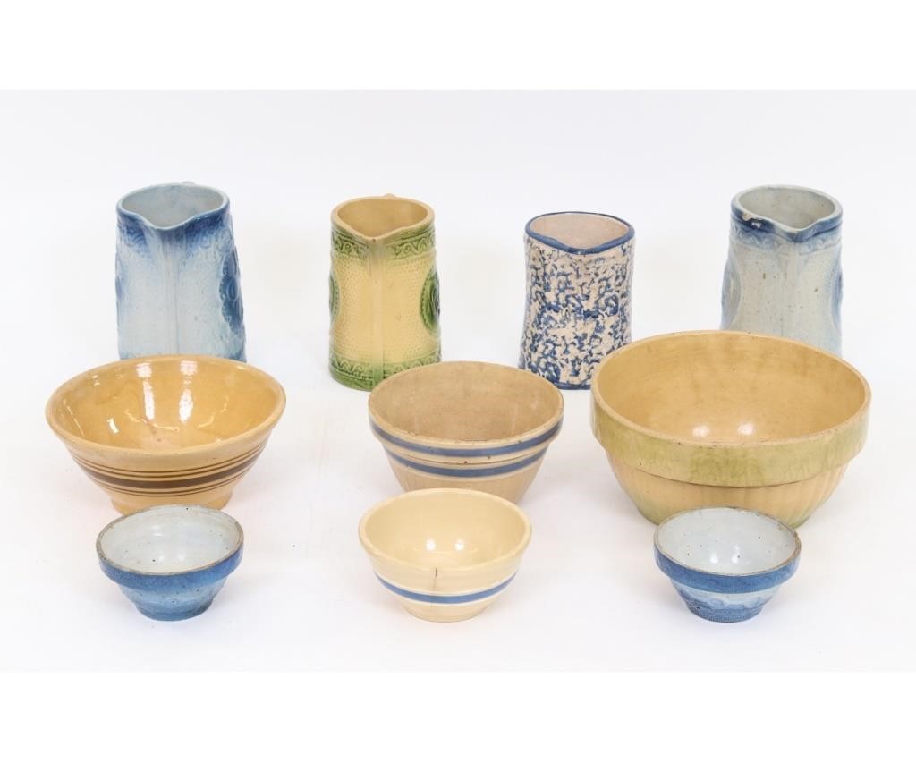 Yelloware mixing bowls; together