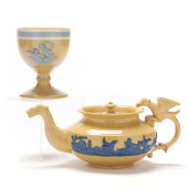 YELLOWWARE TEAPOT AND CHALICE<