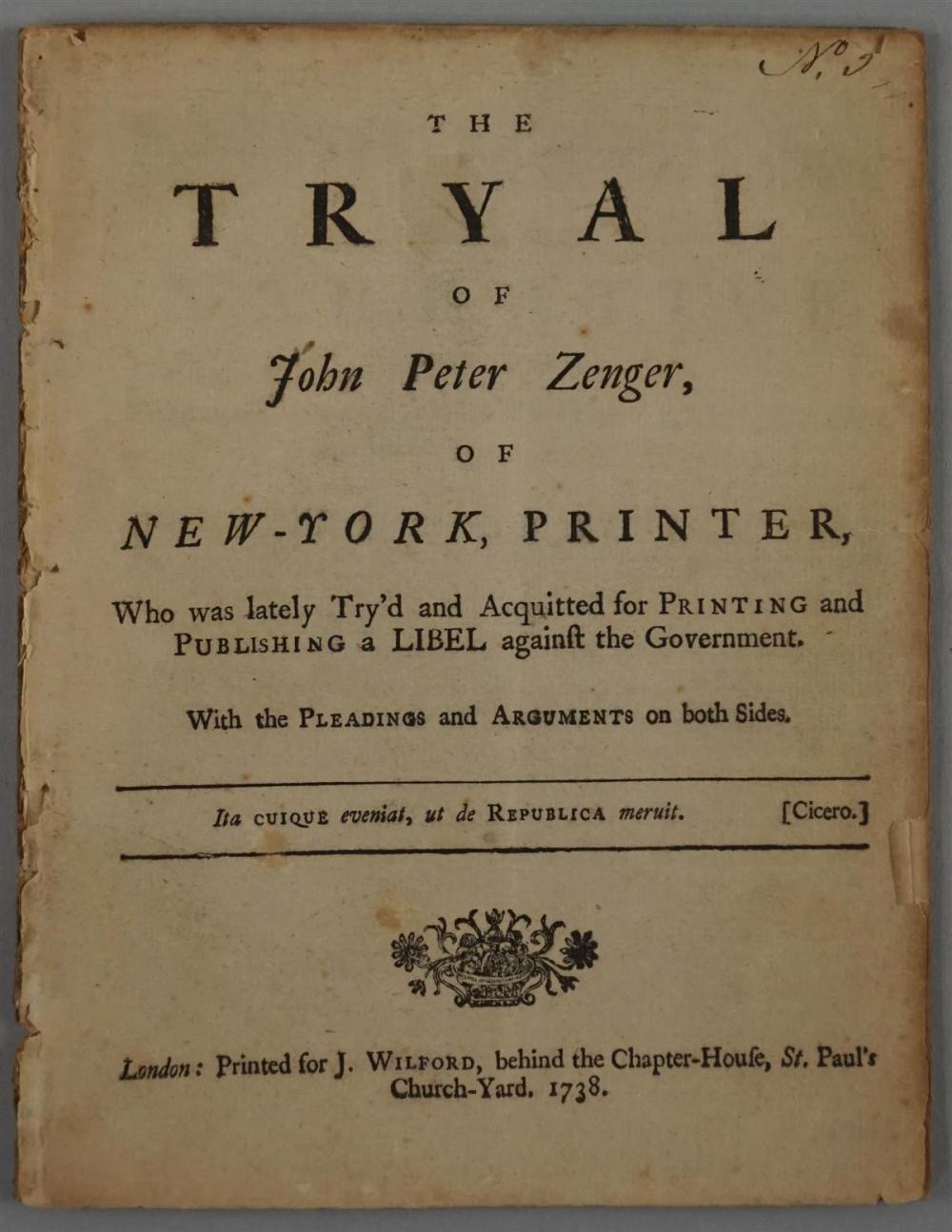 ZENGER, JOHN PETER. THE TRYAL OF