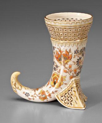 Zsolnay cornucopia vase, enameled