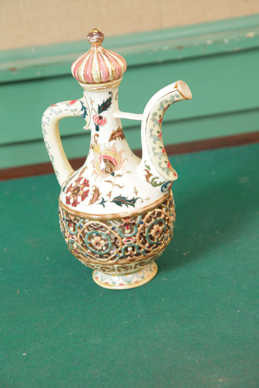ZSOLNAY EWER. Stoppered ewer having