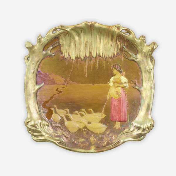 Zsolnay. Rare plaque with maiden